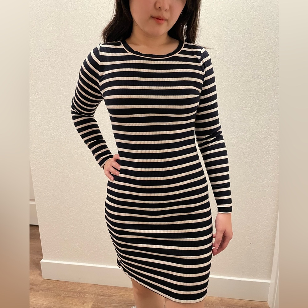 LOFT Black, White, and Pink Striped Long Sleeve Dress